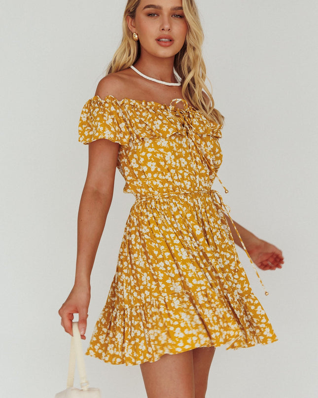 Yellow Off-Shoulder Frill Dress Floral