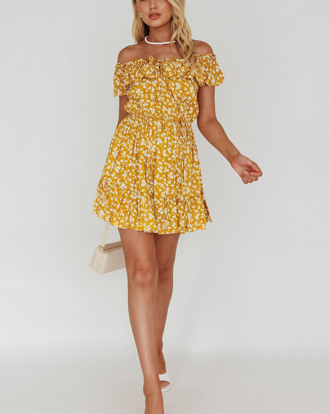 Yellow Off-Shoulder Frill Dress Floral