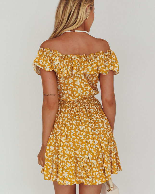 Yellow Off-Shoulder Frill Dress Floral