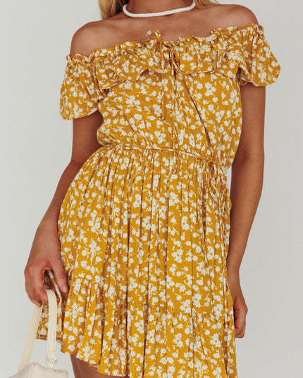 Yellow Off-Shoulder Frill Dress Floral