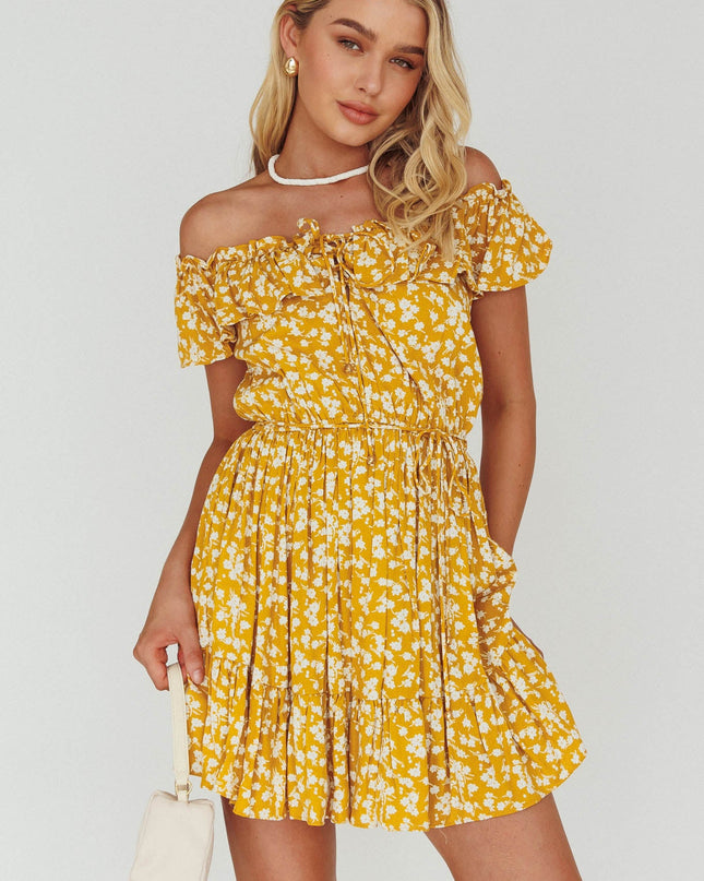 Yellow Off-Shoulder Frill Dress Floral