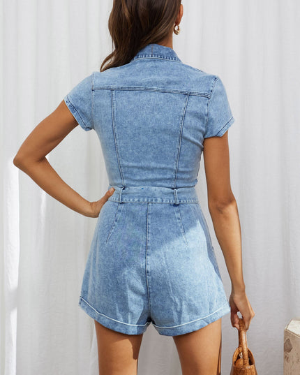 Denim Blue Short Sleeve Waist Tie Romper