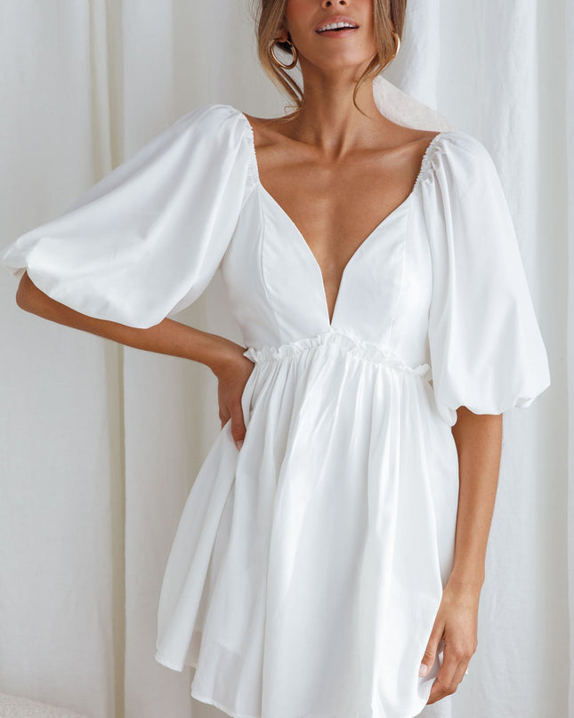 White Puff Sleeve Structured V-Neckline Mini Dress