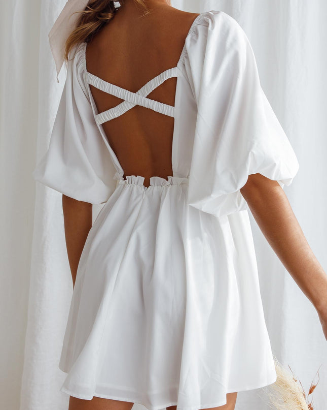 White Puff Sleeve Structured V-Neckline Mini Dress