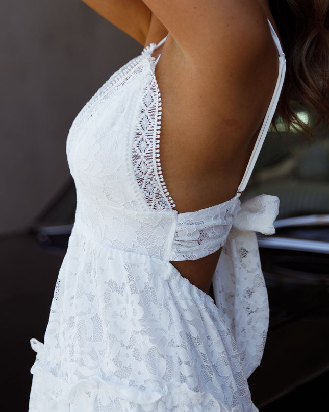 White Crochet Lace Frill Trim Tied Back Lace Mini Dress