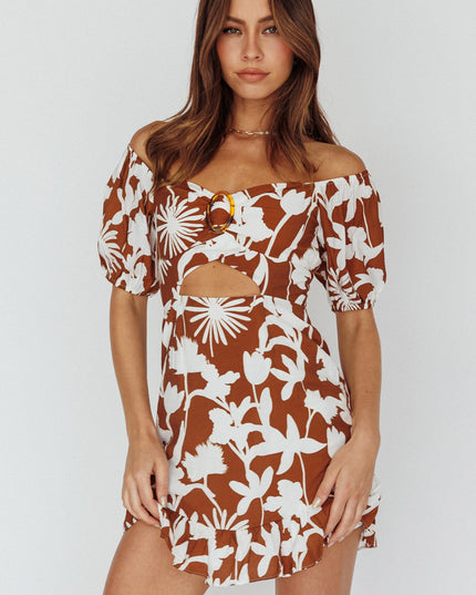 Tan Beach Puff Sleeve Dress Printed