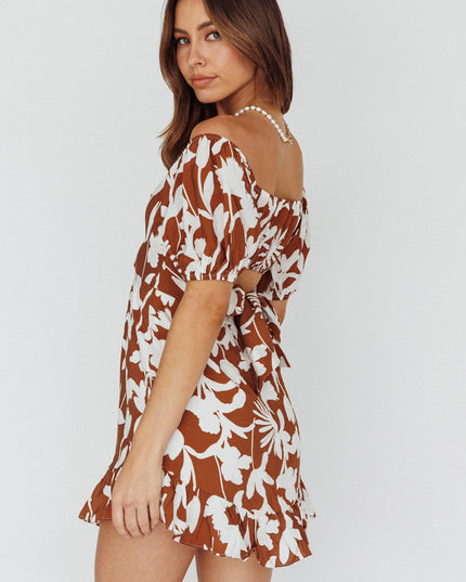 Tan Beach Puff Sleeve Dress Printed