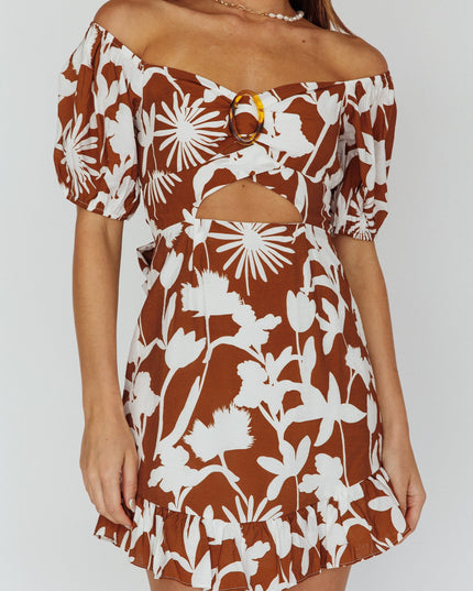 Tan Beach Puff Sleeve Dress Printed