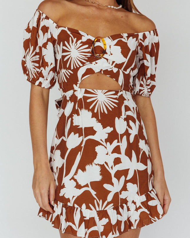 Tan Beach Puff Sleeve Dress Printed