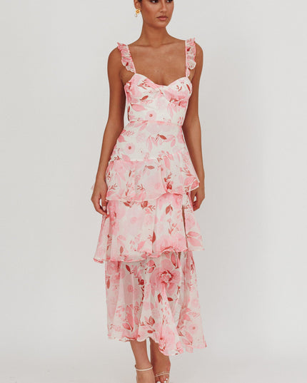 Blush Strappy Back Ruffle Maxi Dress Flowers