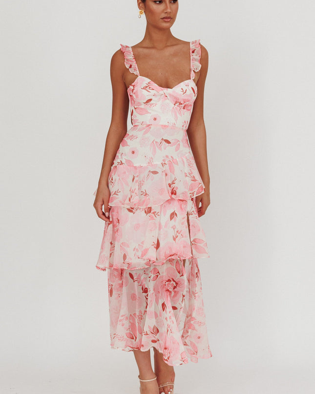 Blush Strappy Back Ruffle Maxi Dress Flowers