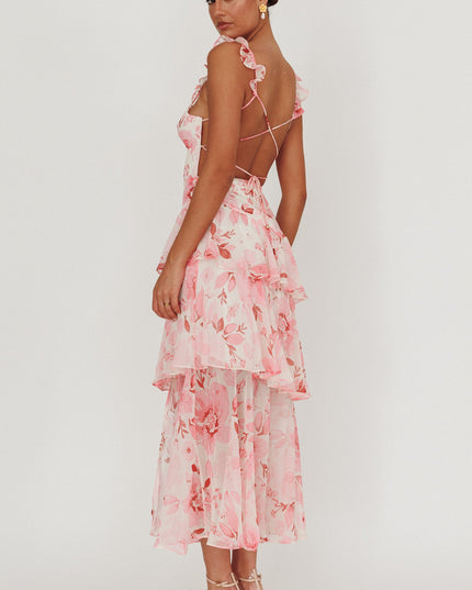Blush Strappy Back Ruffle Maxi Dress Flowers
