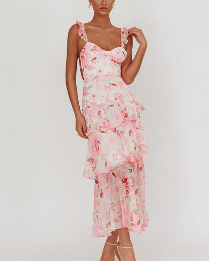 Blush Strappy Back Ruffle Maxi Dress Flowers