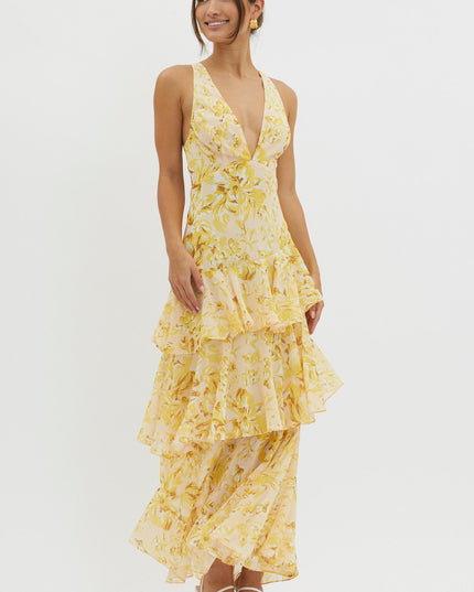 Yellow Strappy Back Ruffle Midi Dress Floral