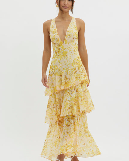 Yellow Strappy Back Ruffle Midi Dress Floral