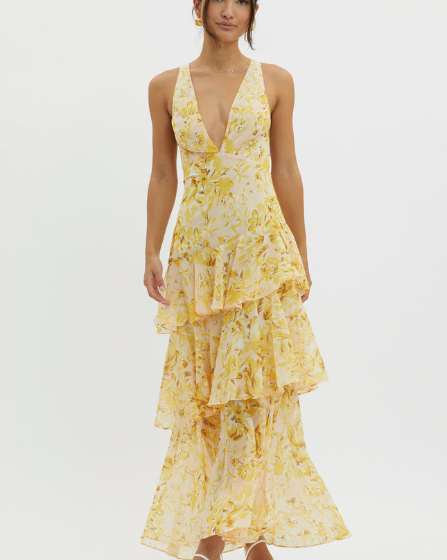 Yellow Strappy Back Ruffle Midi Dress Floral