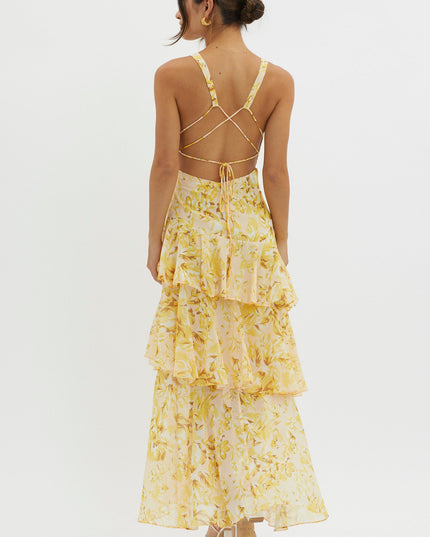 Yellow Strappy Back Ruffle Midi Dress Floral