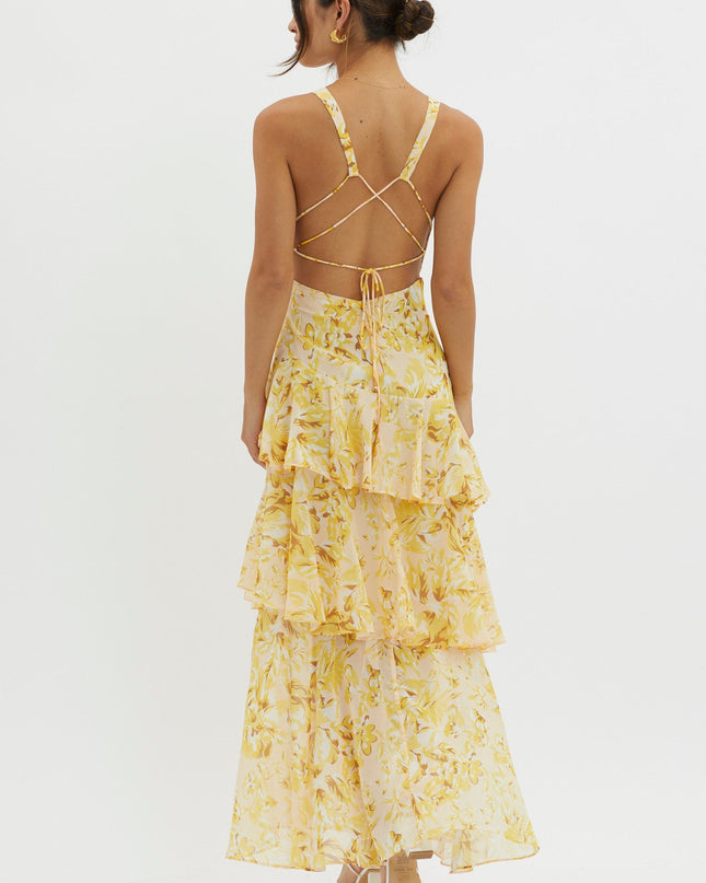 Yellow Strappy Back Ruffle Midi Dress Floral