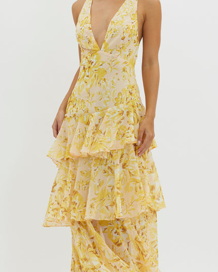 Yellow Strappy Back Ruffle Midi Dress Floral