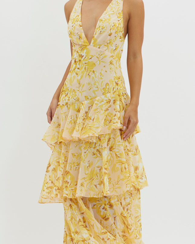 Yellow Strappy Back Ruffle Midi Dress Floral