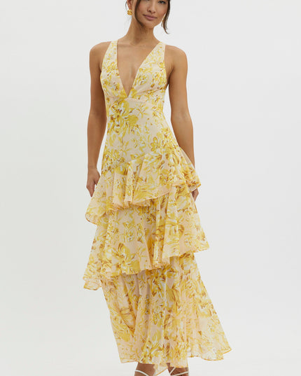 Yellow Strappy Back Ruffle Midi Dress Floral