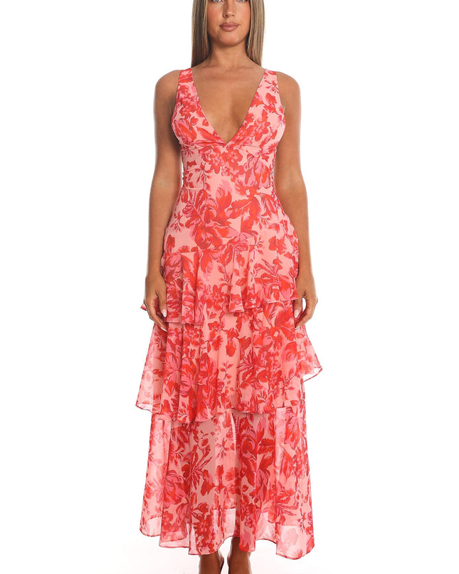 Red Strappy Back Ruffle Midi Dress Floral