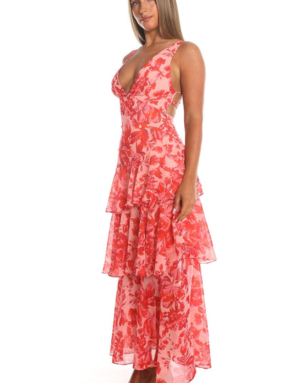 Red Strappy Back Ruffle Midi Dress Floral