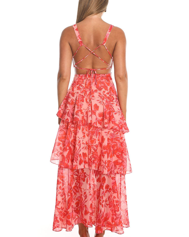 Red Strappy Back Ruffle Midi Dress Floral