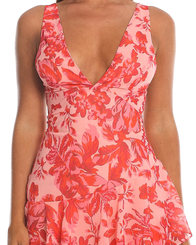 Red Strappy Back Ruffle Midi Dress Floral