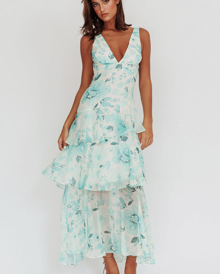 Green Strappy Back Ruffle Maxi Dress Floral
