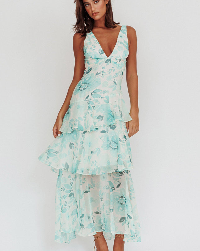 Green Strappy Back Ruffle Maxi Dress Floral