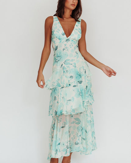 Green Strappy Back Ruffle Maxi Dress Floral
