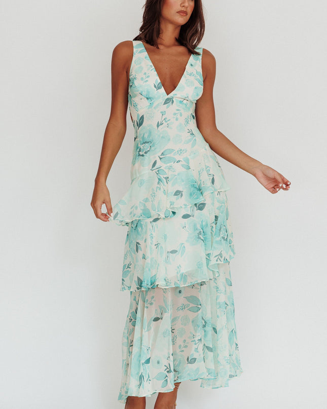 Green Strappy Back Ruffle Maxi Dress Floral