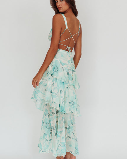 Green Strappy Back Ruffle Maxi Dress Floral