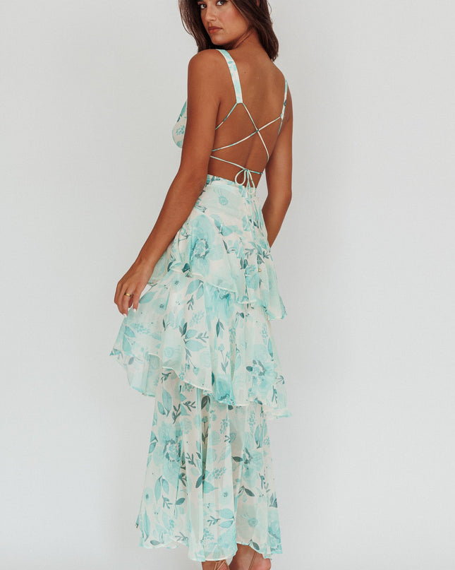 Green Strappy Back Ruffle Maxi Dress Floral