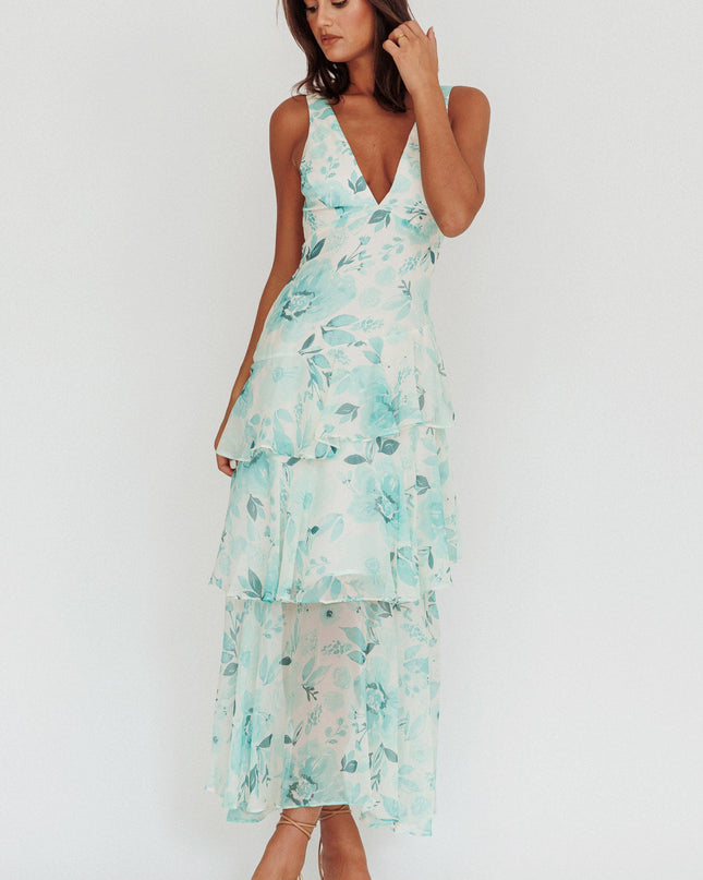 Green Strappy Back Ruffle Maxi Dress Floral