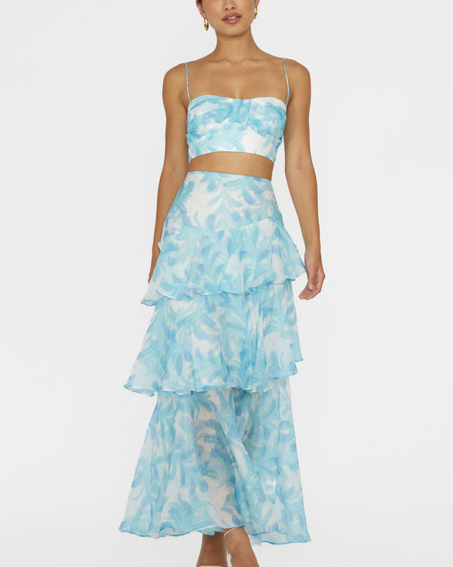 Blue Tiered Ruffle Maxi Skirt Floral