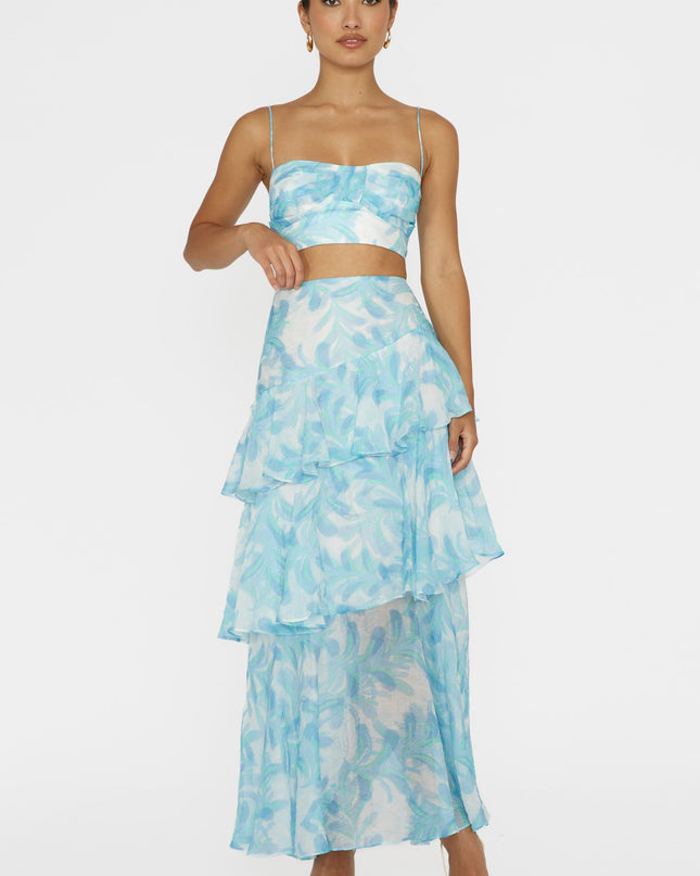 Blue Tiered Ruffle Maxi Skirt Floral