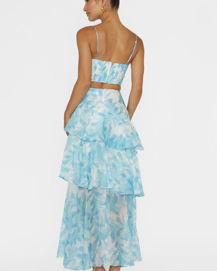 Blue Tiered Ruffle Maxi Skirt Floral