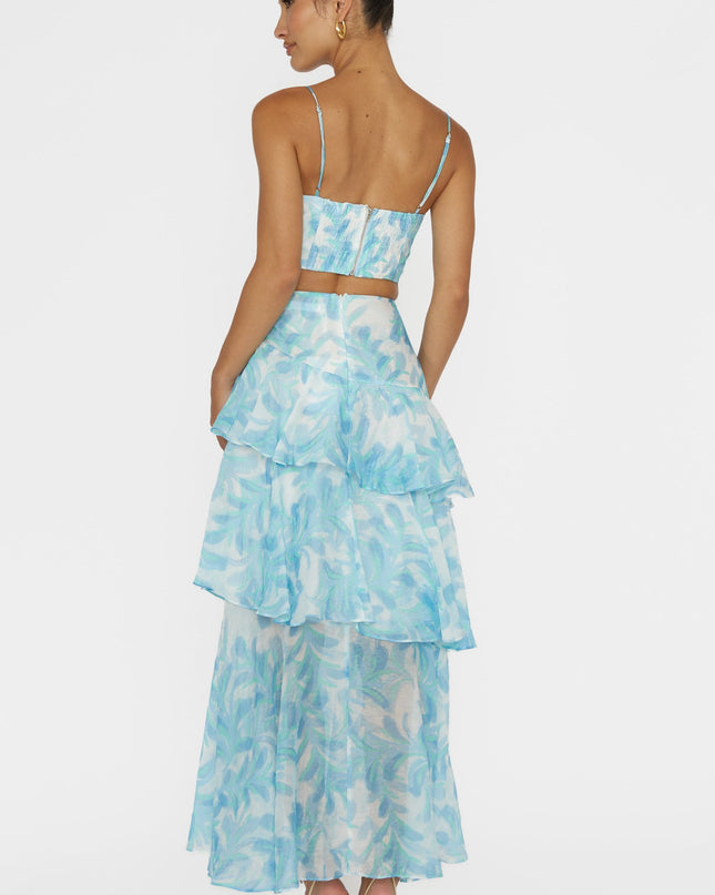 Blue Tiered Ruffle Maxi Skirt Floral