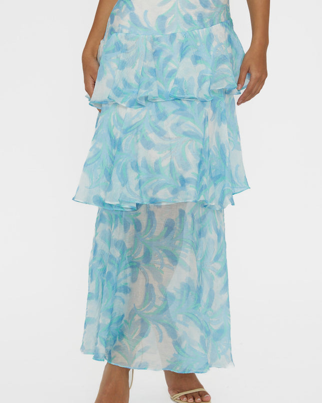 Blue Tiered Ruffle Maxi Skirt Floral