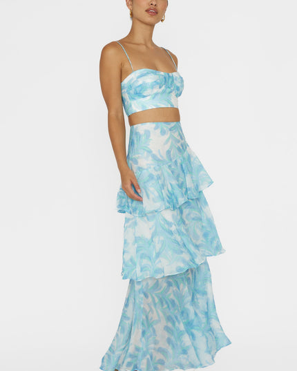 Blue Tiered Ruffle Maxi Skirt Floral