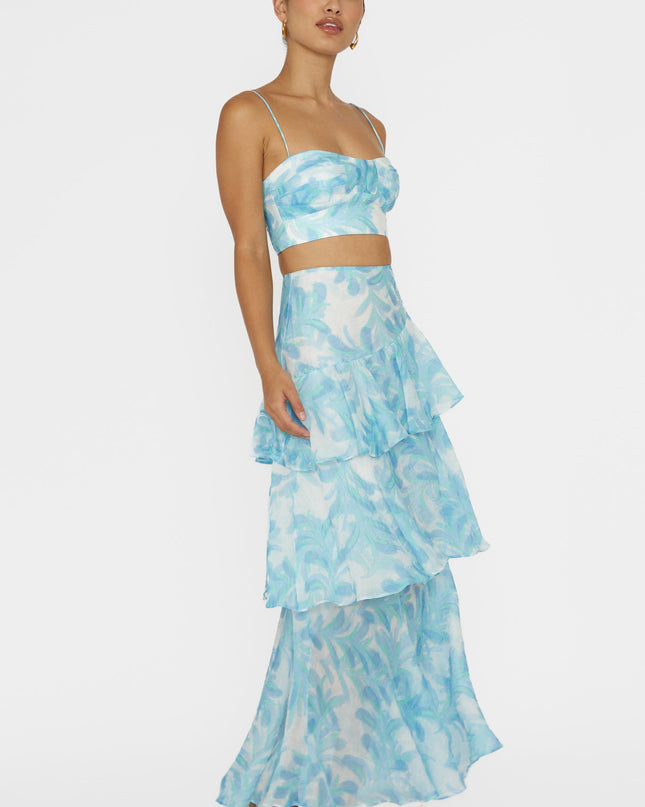 Blue Tiered Ruffle Maxi Skirt Floral