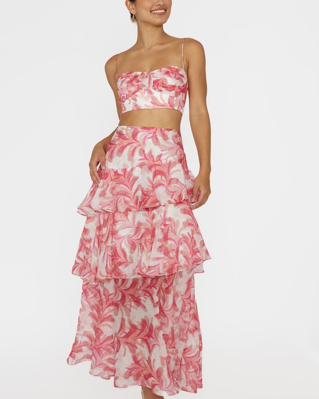 Pink Tiered Ruffle Maxi Skirt Floral