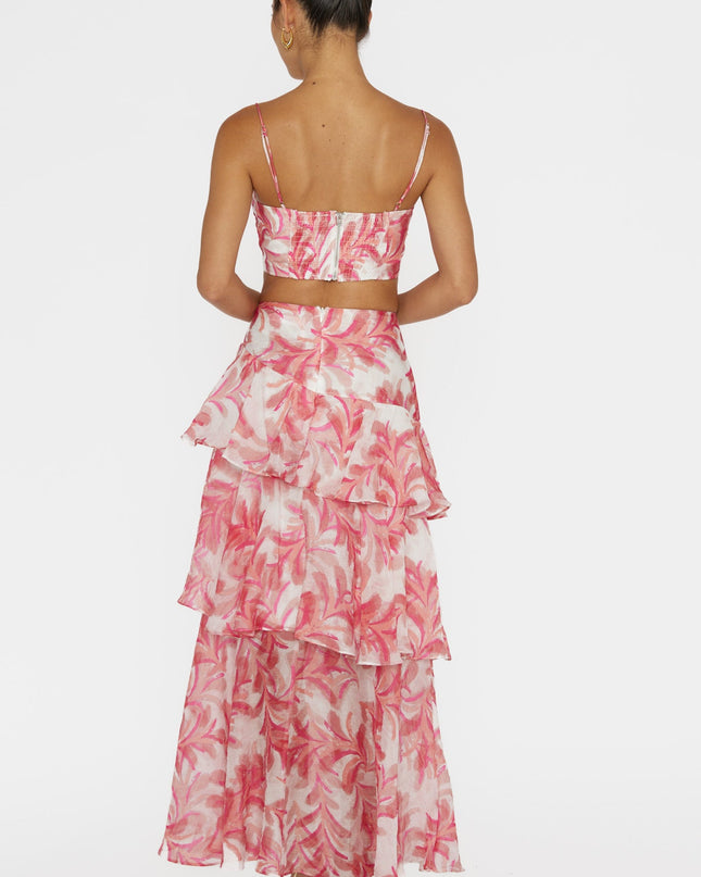 Pink Tiered Ruffle Maxi Skirt Floral