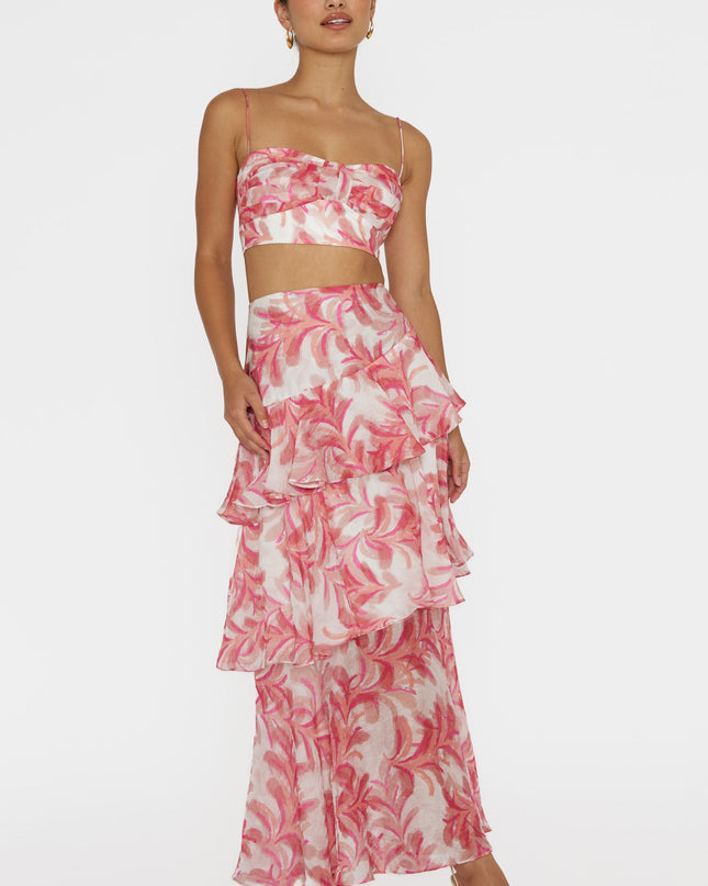 Pink Tiered Ruffle Maxi Skirt Floral