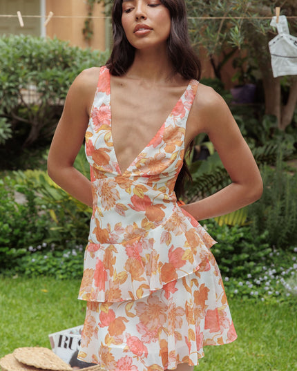 Orange Strappy Back Ruffle Mini Dress Floral