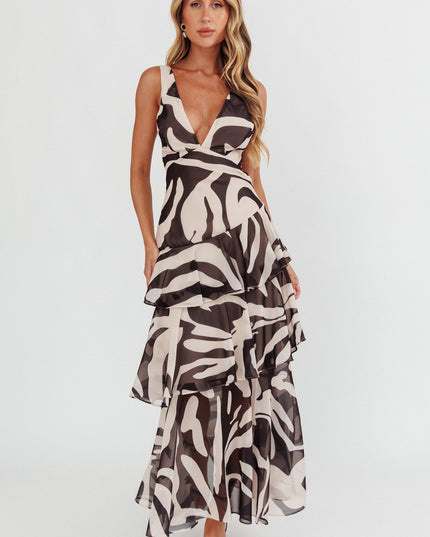 Black Strappy Back Ruffle Maxi Dress Print
