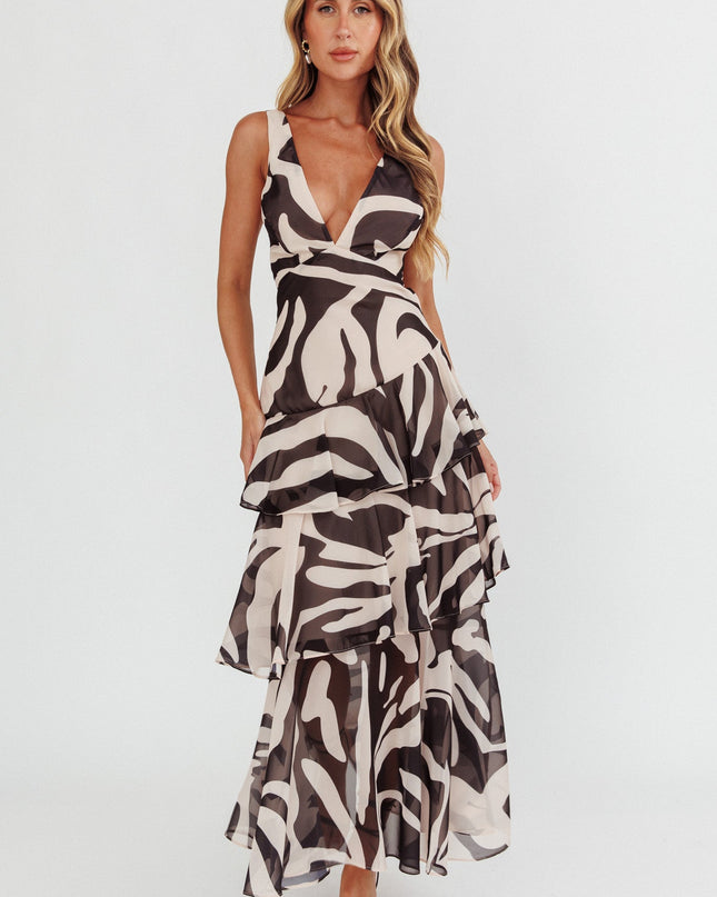 Black Strappy Back Ruffle Maxi Dress Print