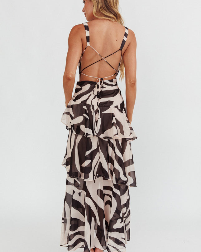 Black Strappy Back Ruffle Maxi Dress Print